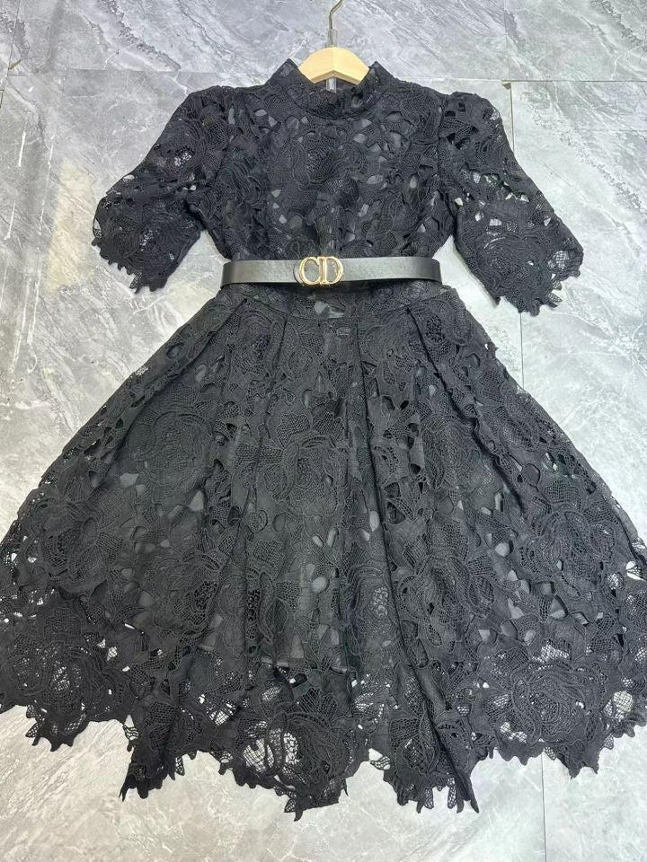 Fluffy Miniskirt 2024 Early Spring Collar Short Sleeve With Belt Water-Soluble Lace Dress Skirt