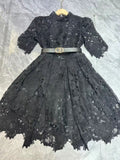 Fluffy Miniskirt 2024 Early Spring Collar Short Sleeve With Belt Water-Soluble Lace Dress Skirt