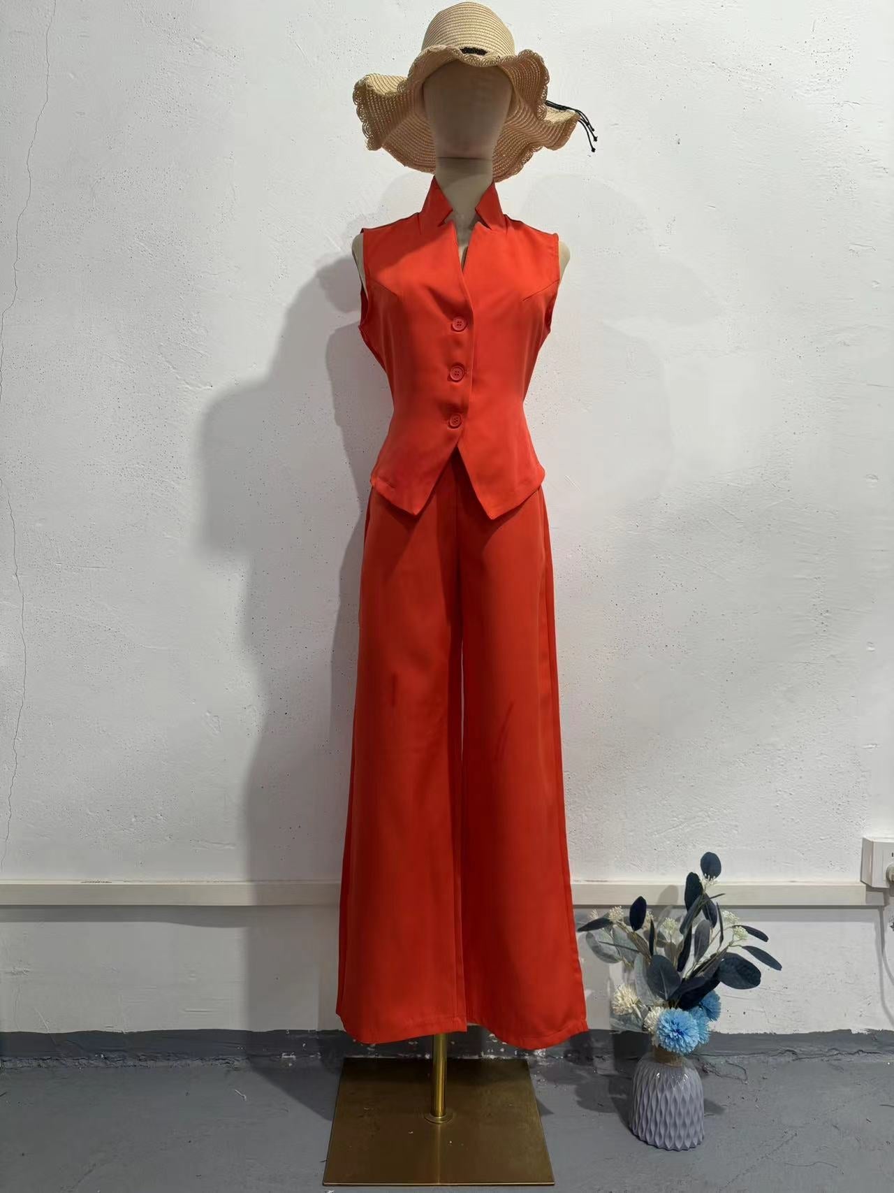 Suit With Orange Suction Loose Large Size Sleeveless Broad Leg Two-Set