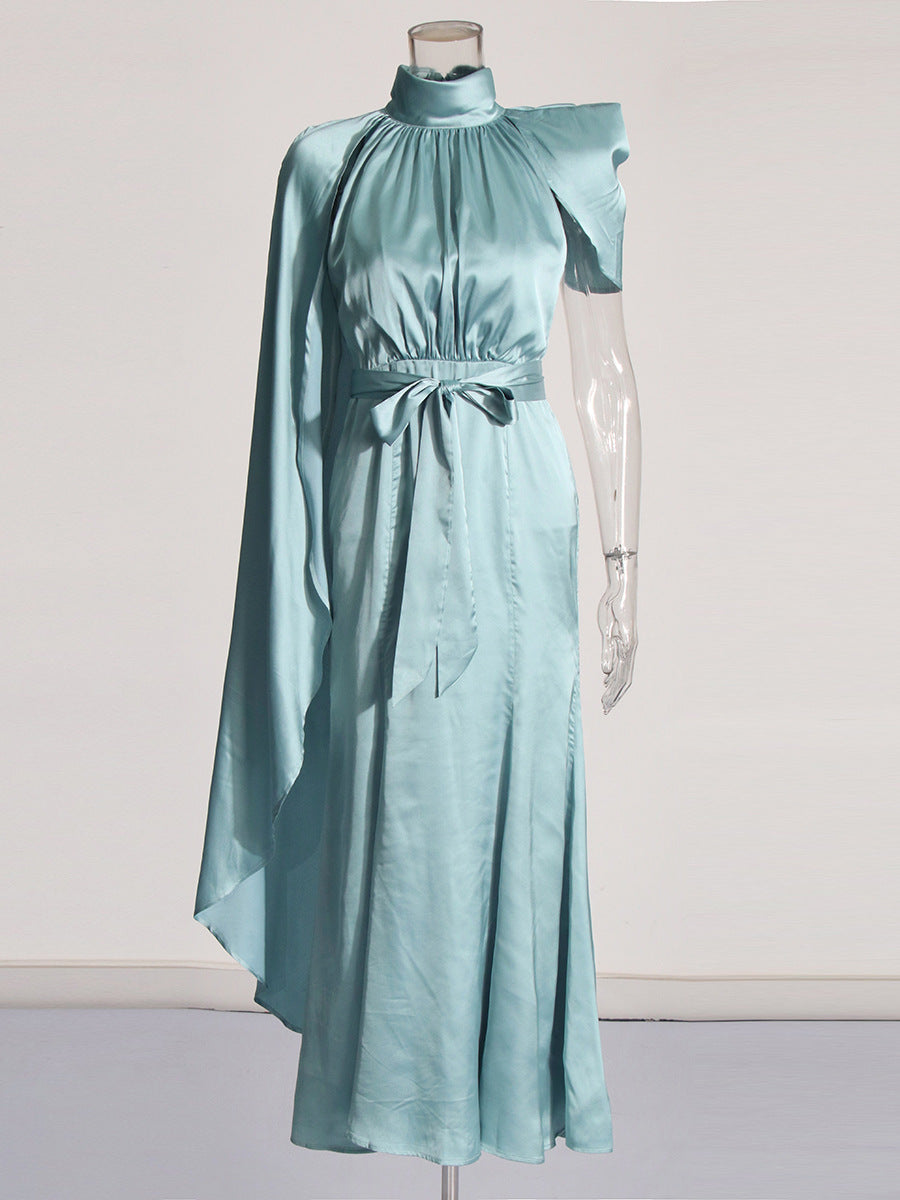 Famous Style Dress Women's Dress 2025 Spring New Collar Shoulder Fold Design Long-Sensely Fasting Skirt