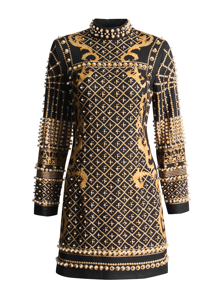 Style Retro Heavy Industry Nail Bead Design Short Dress 2025 Spring New Standing Back Print Dress Woman