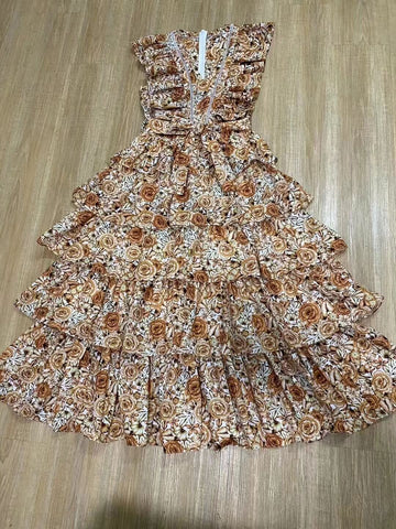 Floral Dress 2025 Australian Pastoral Wind V Collar Layer Lotus Leaf Cake Vest Dress Dress Dress