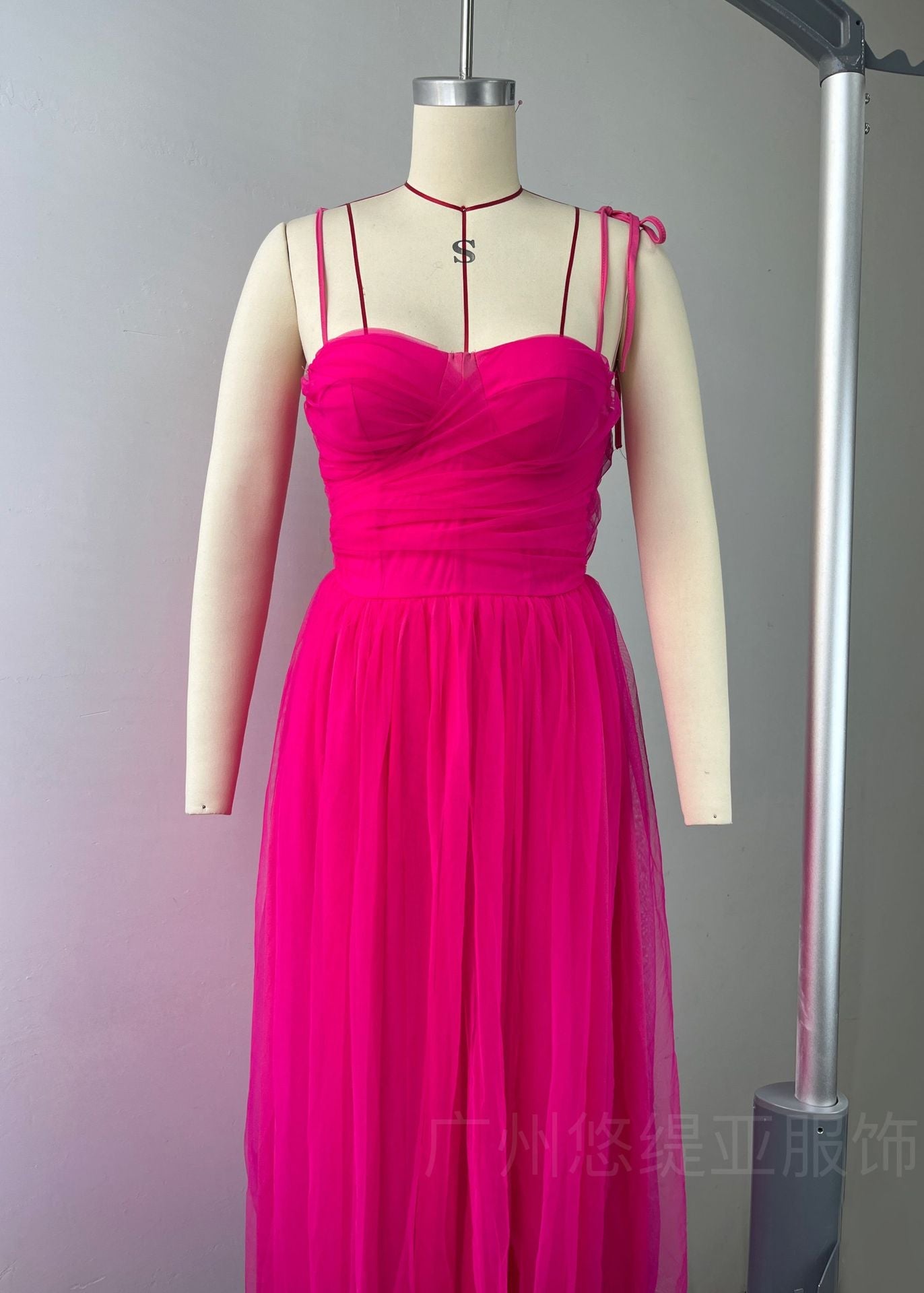 And Summer New Women's Temperament Dress Sling Dress Solid Color Long Dress Bow Net Yarn Dress