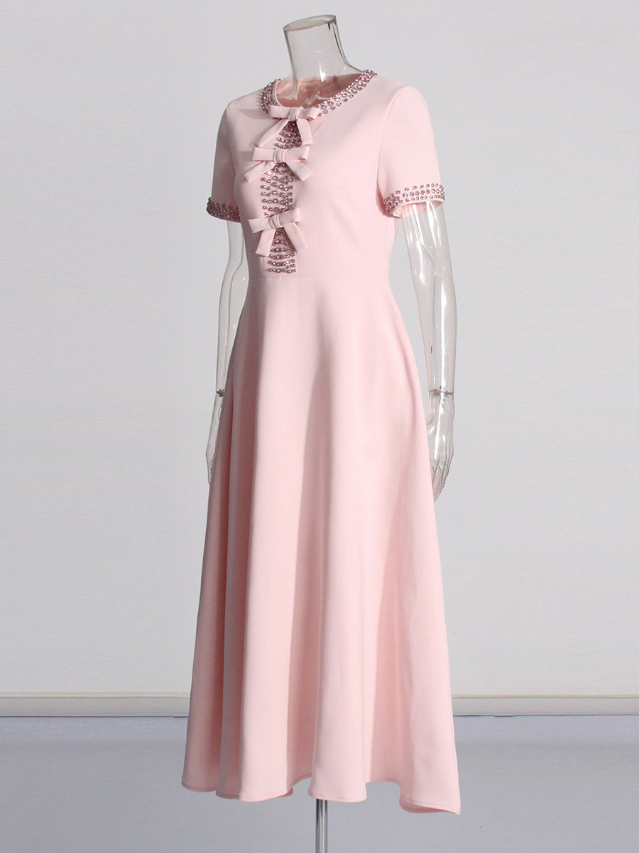 2025 New High-End Heavy Industry Nail Diamond Dress High Waist Round Bow Dress Woman