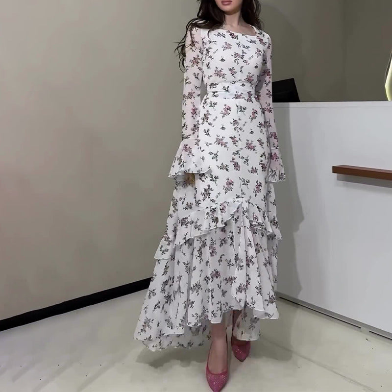 Women's Round Neck Broken Flower Horn Sleeve High Waist To Repair Temperament Irregular Lotus Leaf Skirt