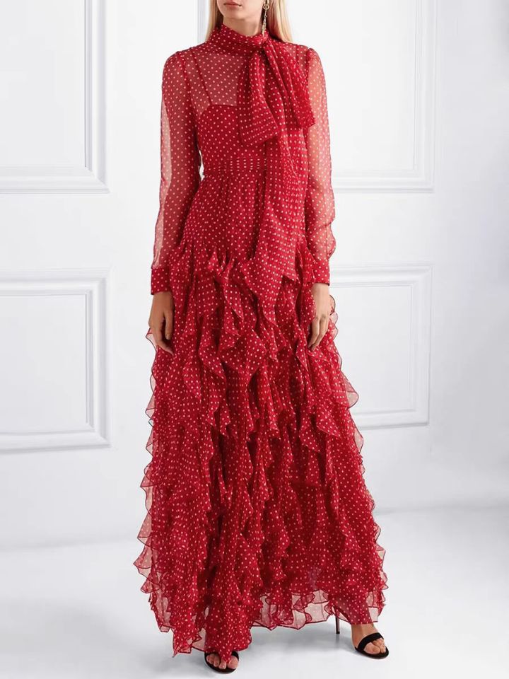 Evening Dress 2024 Spring Party Party Stand Tie With Heavy Industry Lotus Leaf Side Wave Chiffon Dress Dress