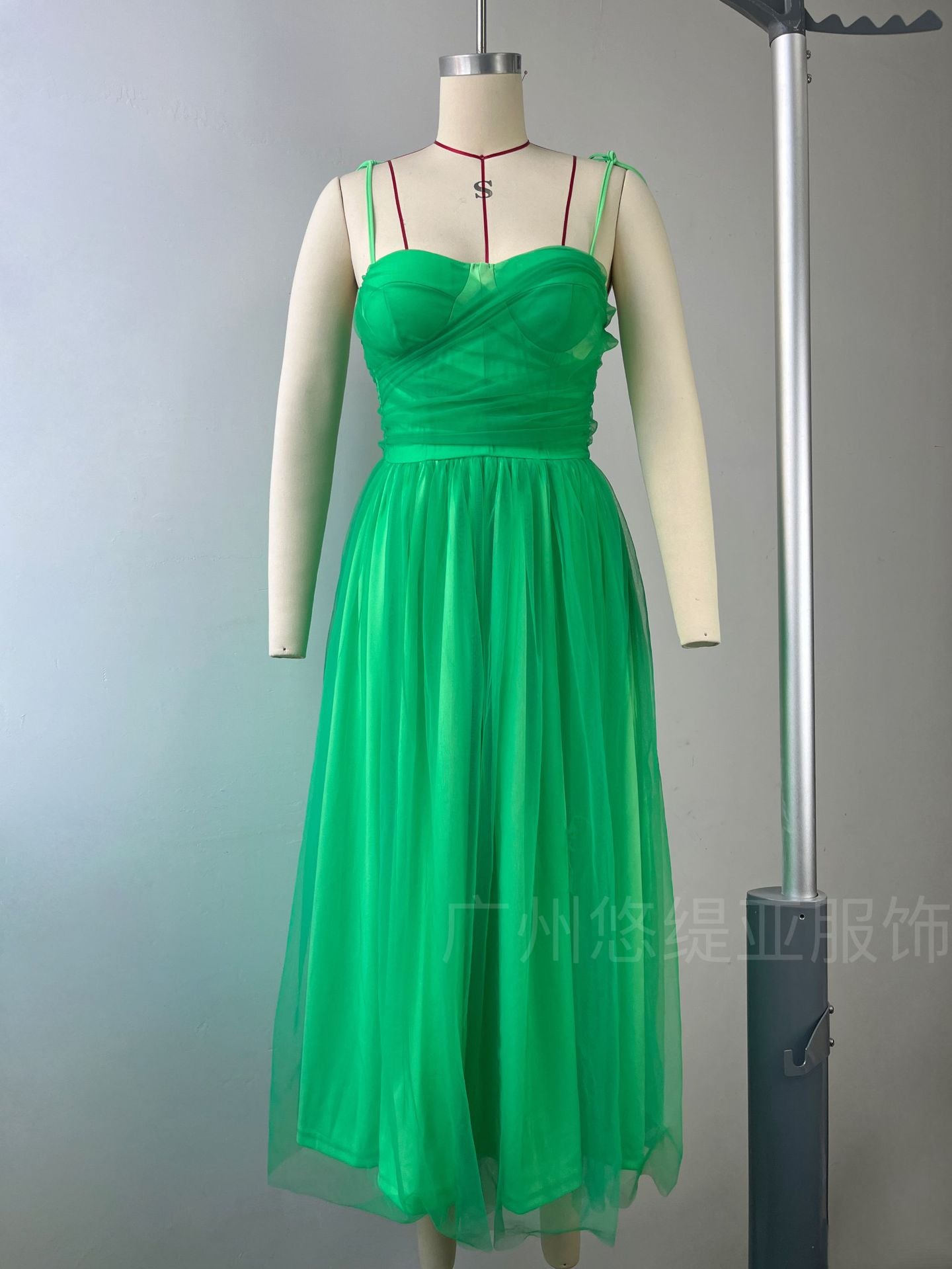 And Summer New Women's Temperament Dress Sling Dress Solid Color Long Dress Bow Net Yarn Dress