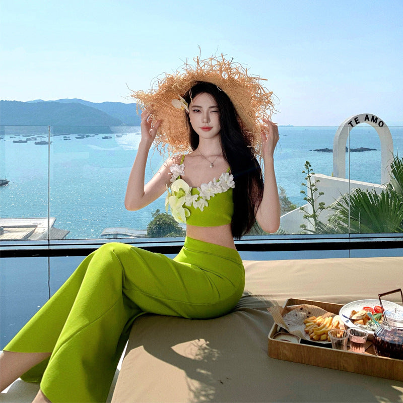 Niche Design Three-Dimensional Flower Sexy Sling Tset Tsets Open Forked Bag Hip Skirt Holiday Two-Piece Suit Woman