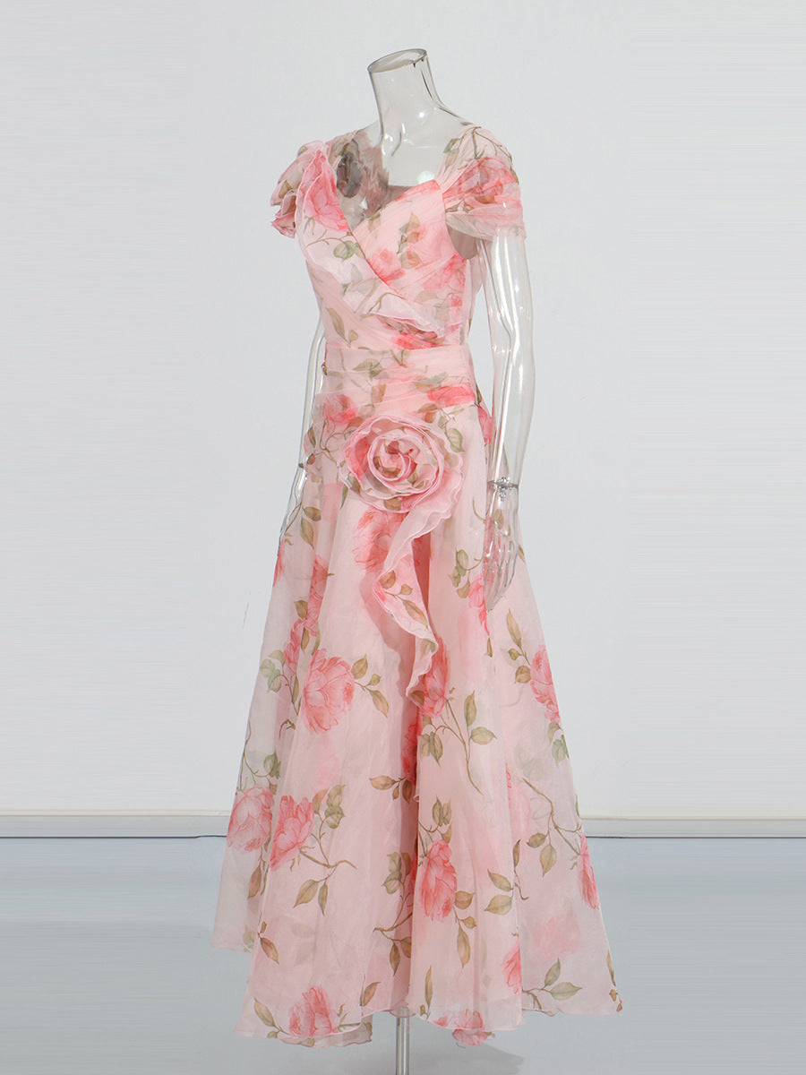 Vintage Flower Drewing Dress 2025 Summer New V-Neck Waist Opened Lotus Leaf Side Dress