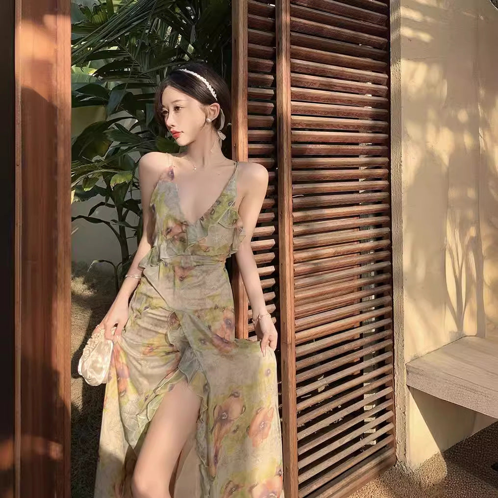 Floral Sexy Bareback Holiday Sling Dress Fairy Beach Long Dress Summer