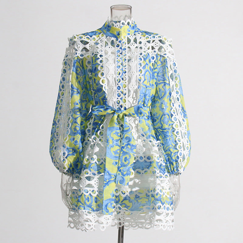 Bohemian 2025 Summer New Neck Lantern Sleeves With Hollow Print Dress Woman