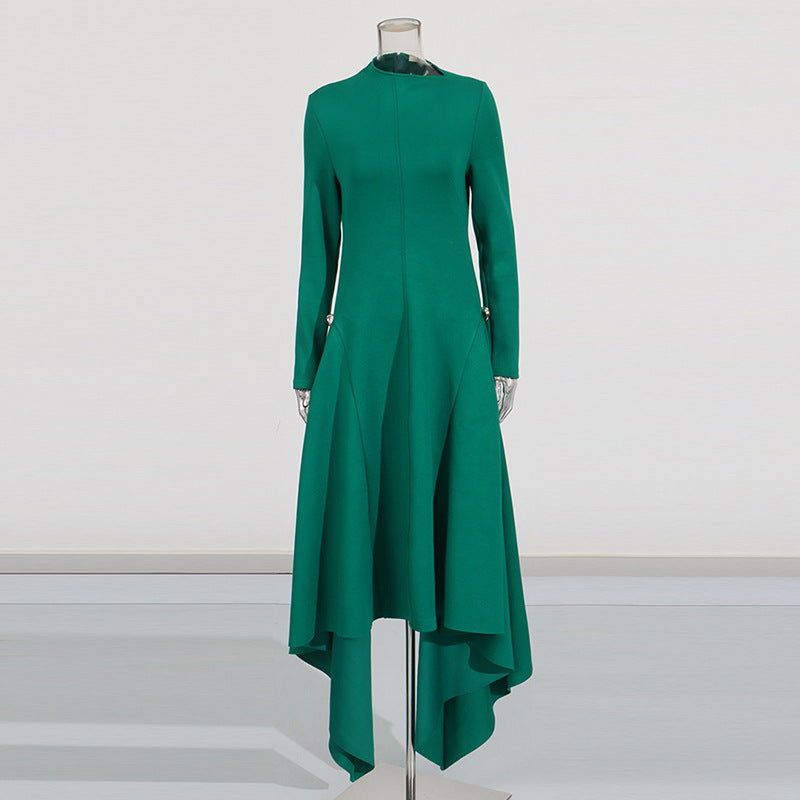 Asian Temperament Elegant Wind Collar Long Sleeve Irregular Dress 2025 New Solid Broad Ass Dress Women Summer