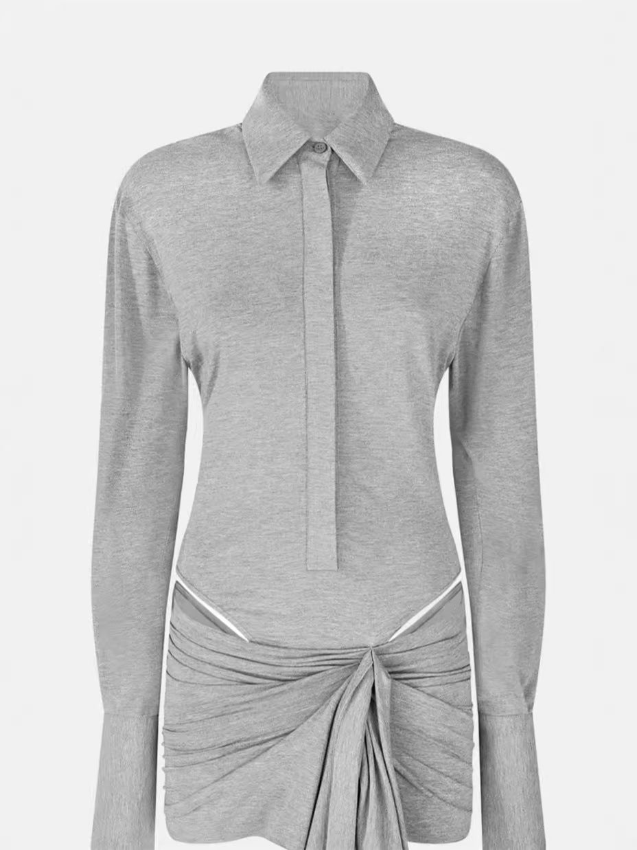 Babes Gray Long-Sleeved Polo Collar Short Dress Girl Niche Fall Sexy Irregular Hollow Dress