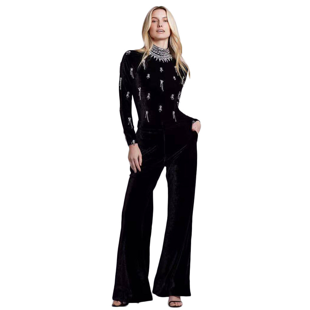 And Winter New High-Waisted Jump Trousers Heavy Industry Nails And Diamond Temperament Bandage Wide Leg Pants