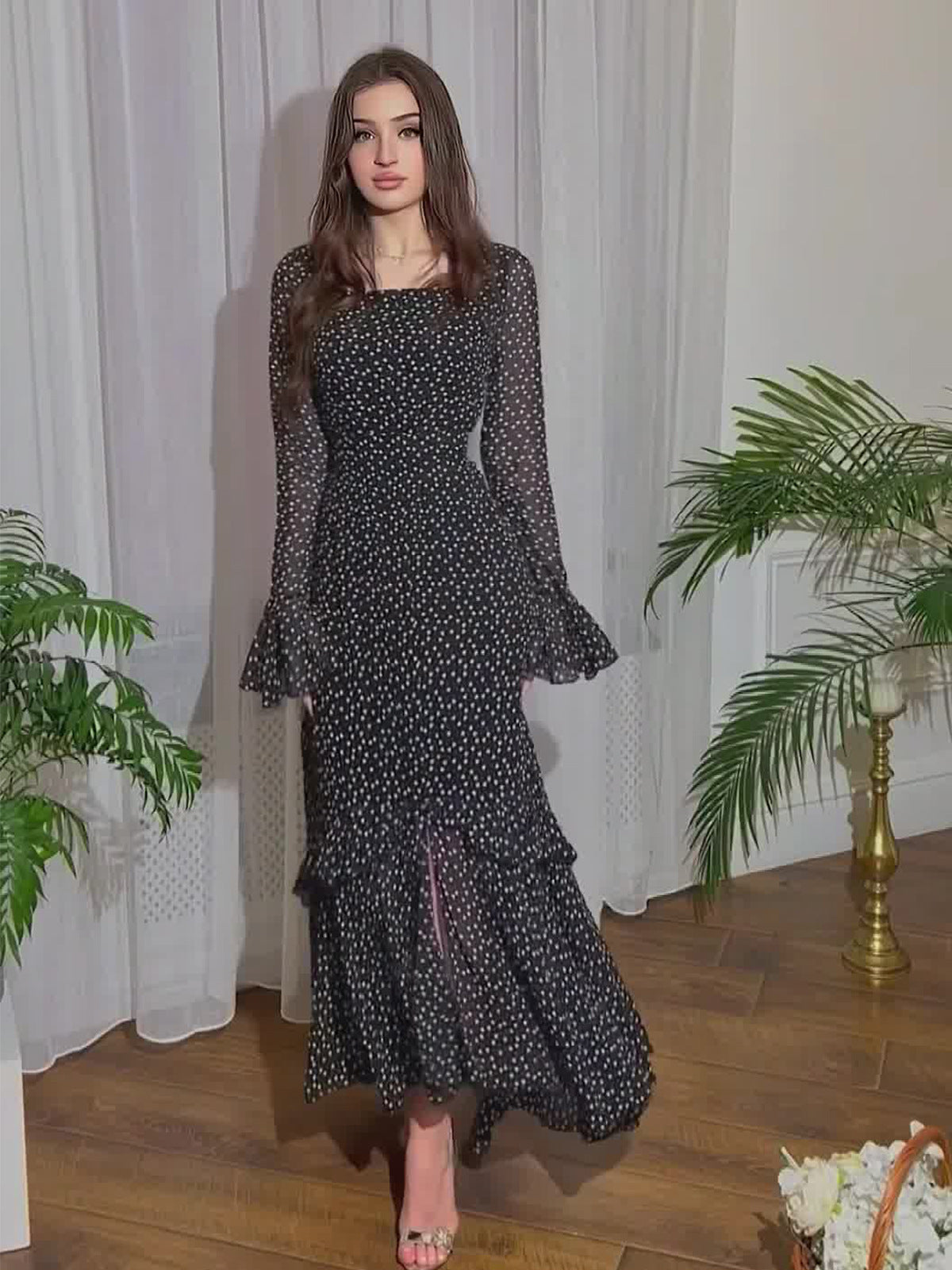 2024 New Chiffon Spot Lotus Leaf Sleeve Temperament Long Splicing Irregular Dress