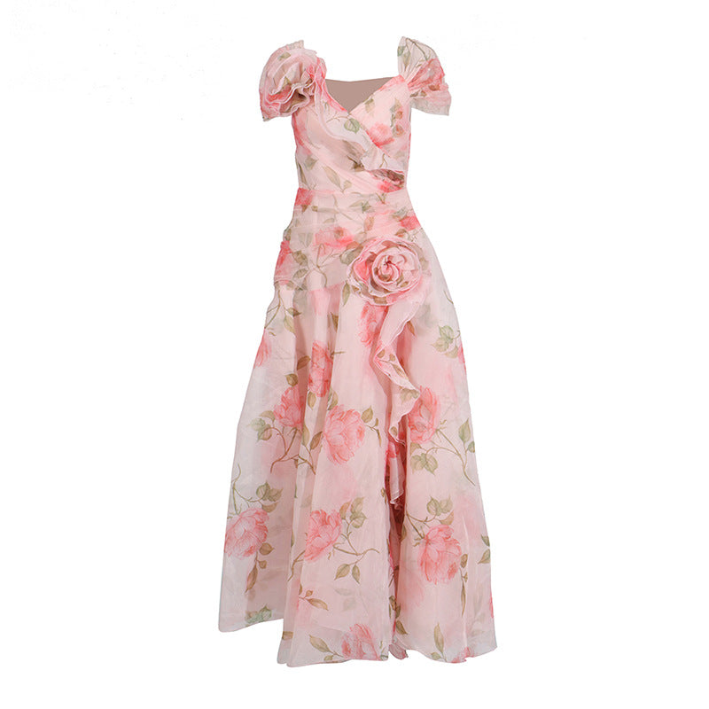 Vintage Flower Drewing Dress 2025 Summer New V-Neck Waist Opened Lotus Leaf Side Dress