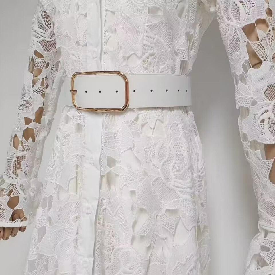 Water-Soluble Lace Dress 2025 Spring Temperament Embroidery Empty Belt With White Dress Dress
