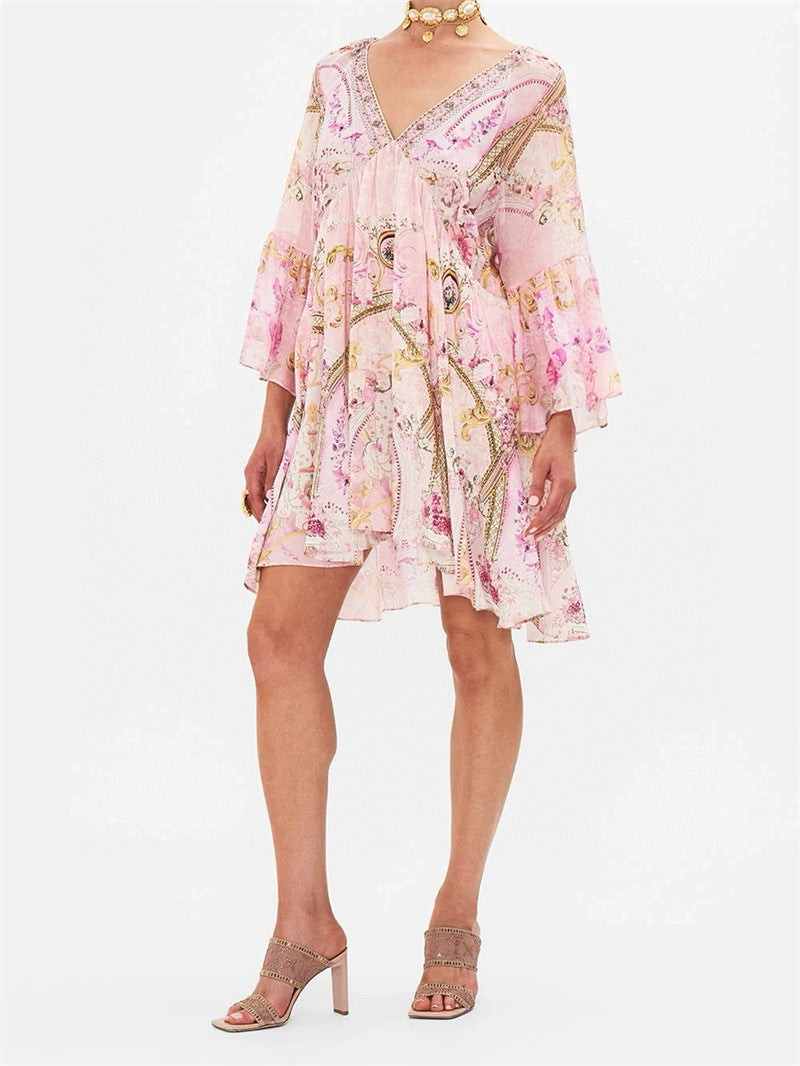 Niche Silk Silky Retro Court Print V Collar Horn Sleeves Loose Waist Small Flowing Dress