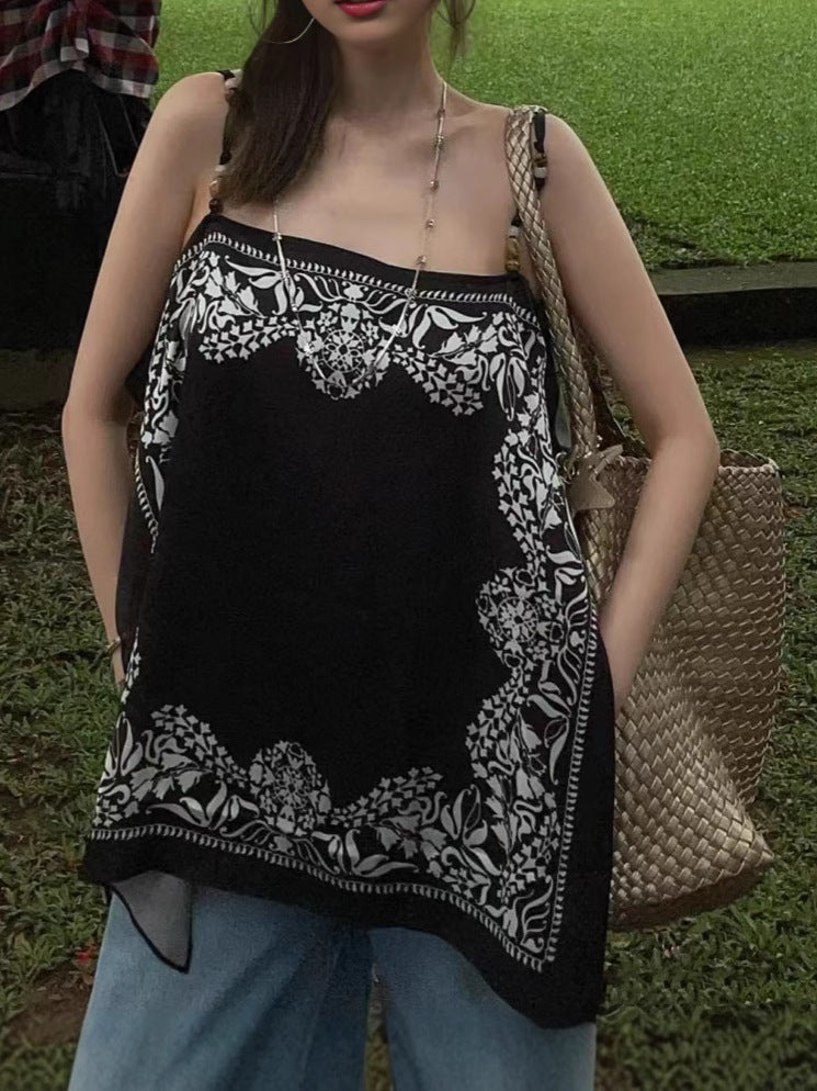 New Flat Print Bump Color Beaded Sling Sling T-Shirt Holiday Bohemian Style Design Top