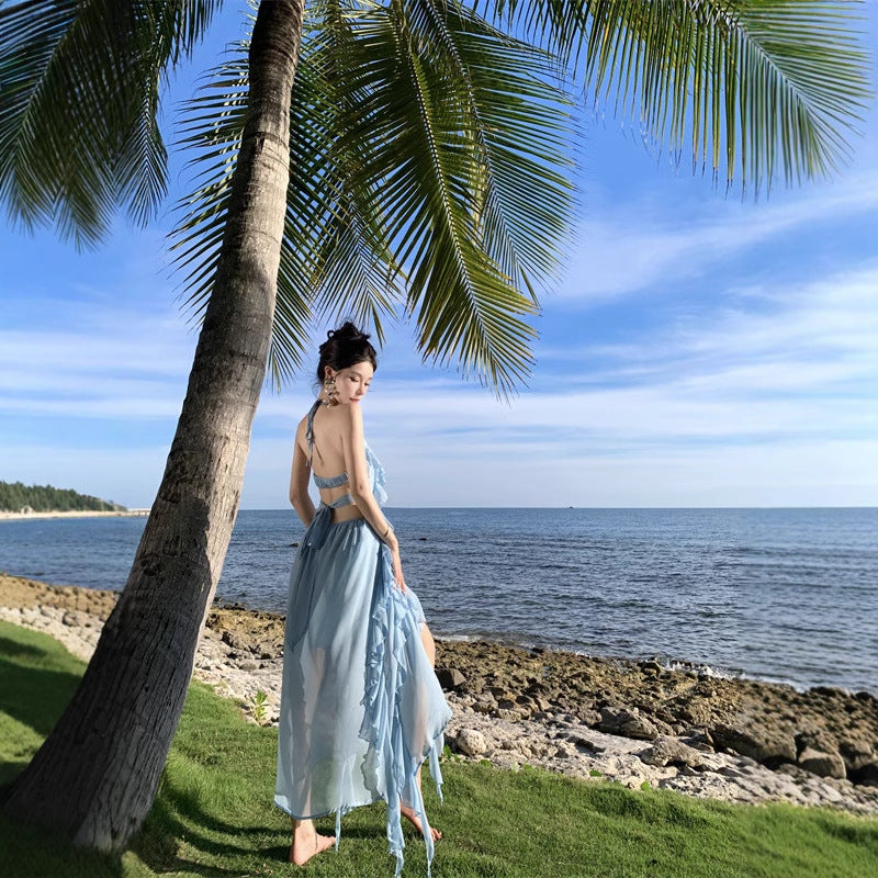 Holiday Wind Hanging Dress Female Summer Sexy Seaside Photo Irregularly Exposed Lotus Leaf Side Dress