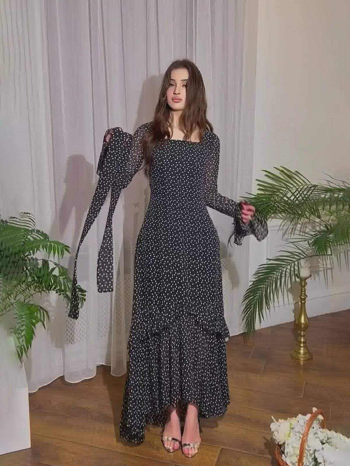 2024 New Chiffon Spot Lotus Leaf Sleeve Temperament Long Splicing Irregular Dress