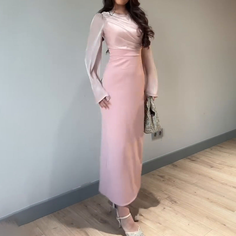 Women's Autumn Round-Neck Long Sleeve Splicing Long Skirts To Repair Height Waist Skirt Women