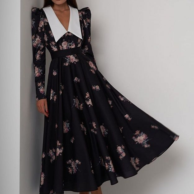 French Doll-Necked Flower-Print Court Feast Dress
