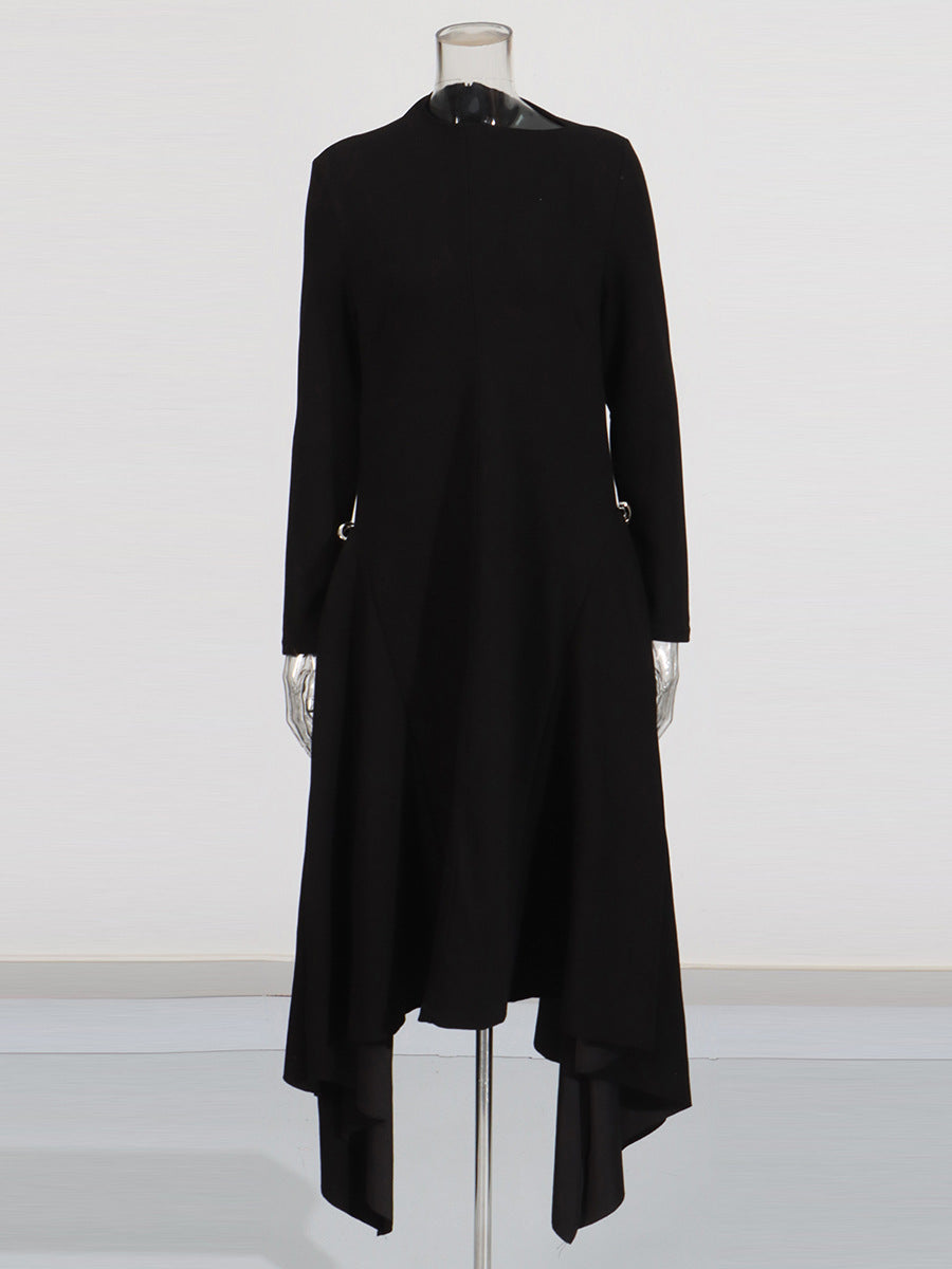 Asian Temperament Elegant Wind Collar Long Sleeve Irregular Dress 2025 New Solid Broad Ass Dress Women Summer