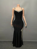 Hot Sling V-Neck Nail Drill Women's Dress High Open Chain Espootail Banded Evening Dress