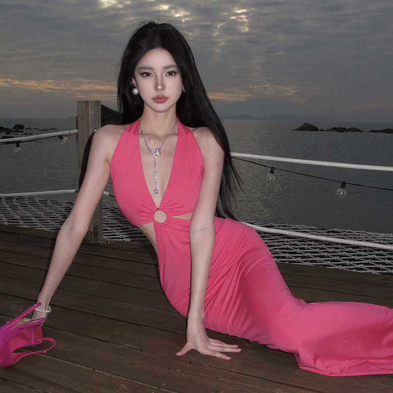 Seaside Holiday Hottie Dress Hanging Neck Sexy Splicing Hollow Bag Hip Skirt Strap Banded Back Dress Girl