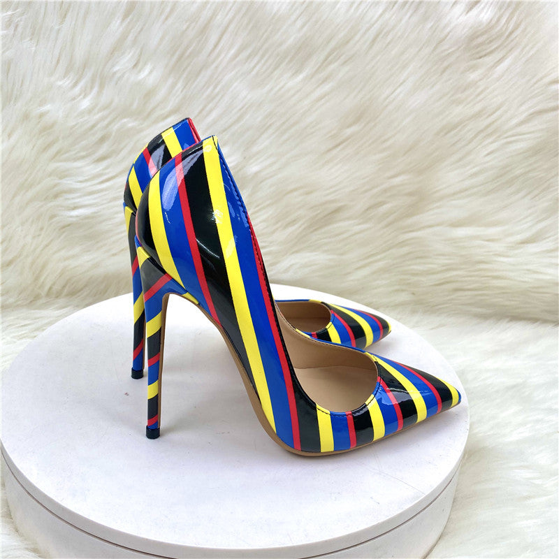 Color Striped High Heels 12CM Pointed Thin-Heeled Women's Shoes Banquet Shoes High Quality Shoes