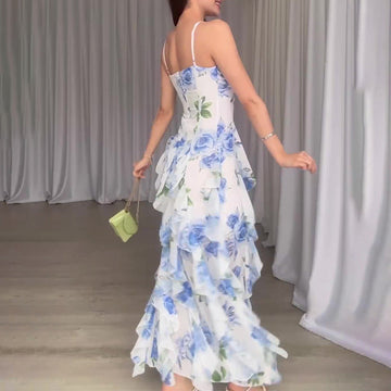 Women's Summer Sling Dress Crumped Floral Skirt High Waist Quality Fairy Holiday Dress