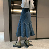 Broced # Spring And Summer Fishtail Skirt Design Sense A Word Loose Medium Long Skirt High-Waisted Denim Skirt Thin Cover Across The Skirt Girl DJPT