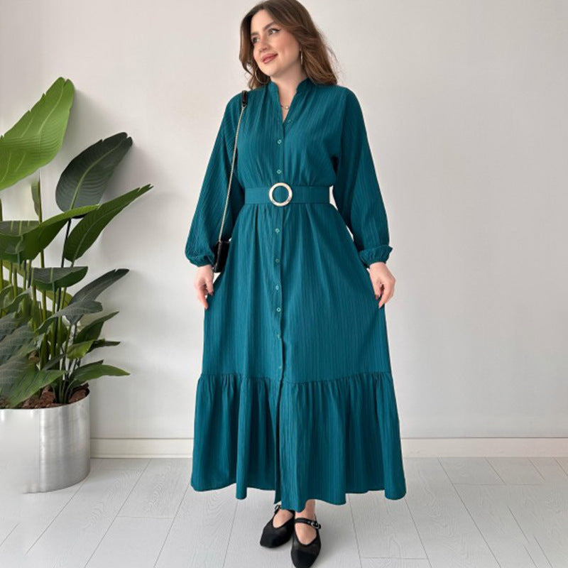 2025 New Solid Color POLO Collar Long Sleeve Multi-Button Belt Dress