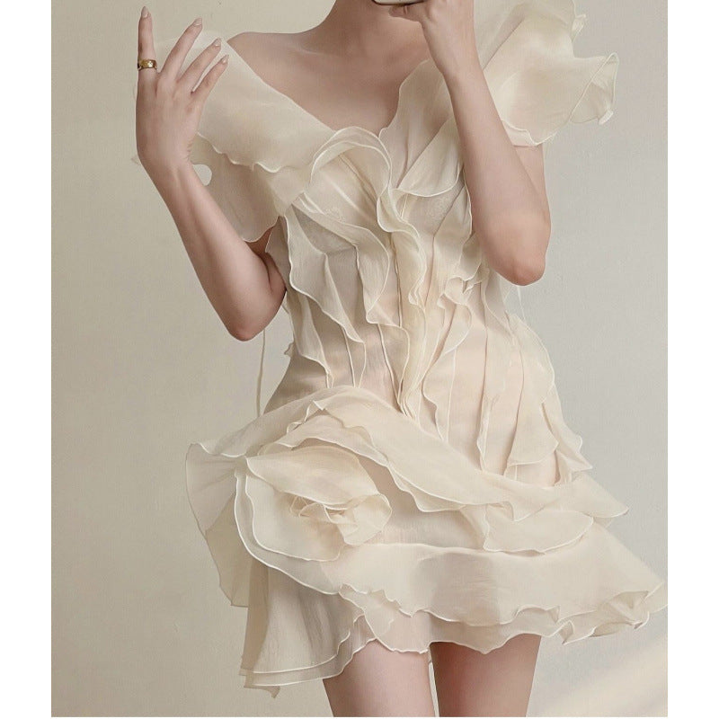 Niche French Lotus-Side Fairy-Style Fascles Languid Languie Shoulder Irregular Dress