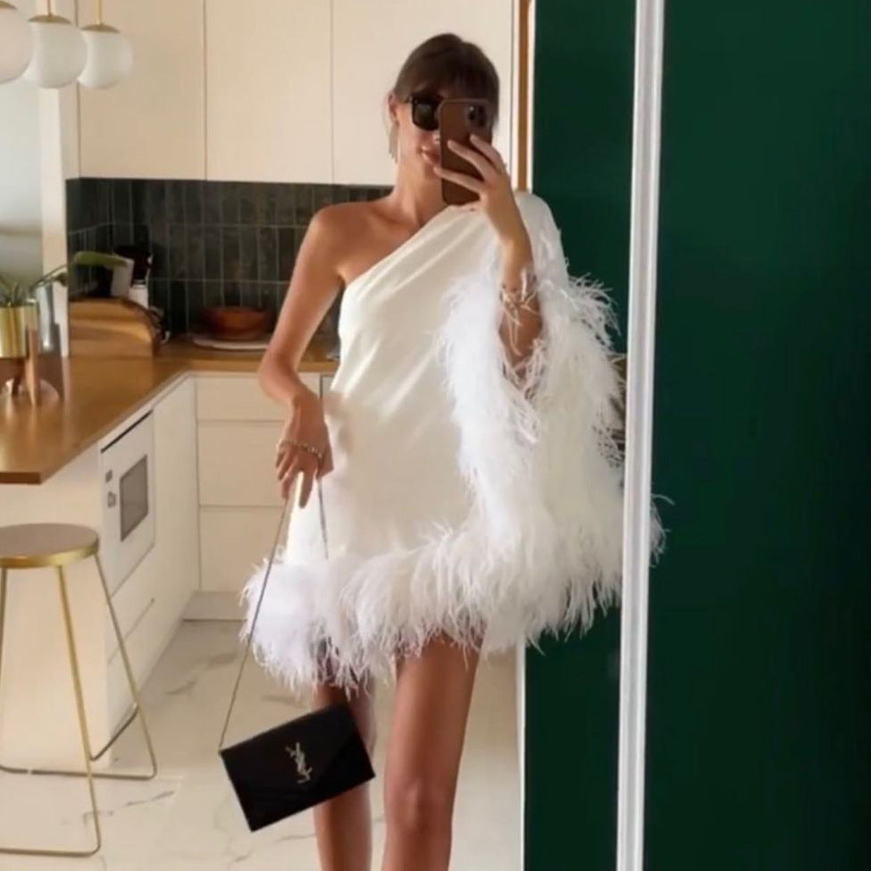 Sexy One-Shoulder Hair Hem Cape Dress Party Short Body-Body-Brow Dress Dress Girl DJPT