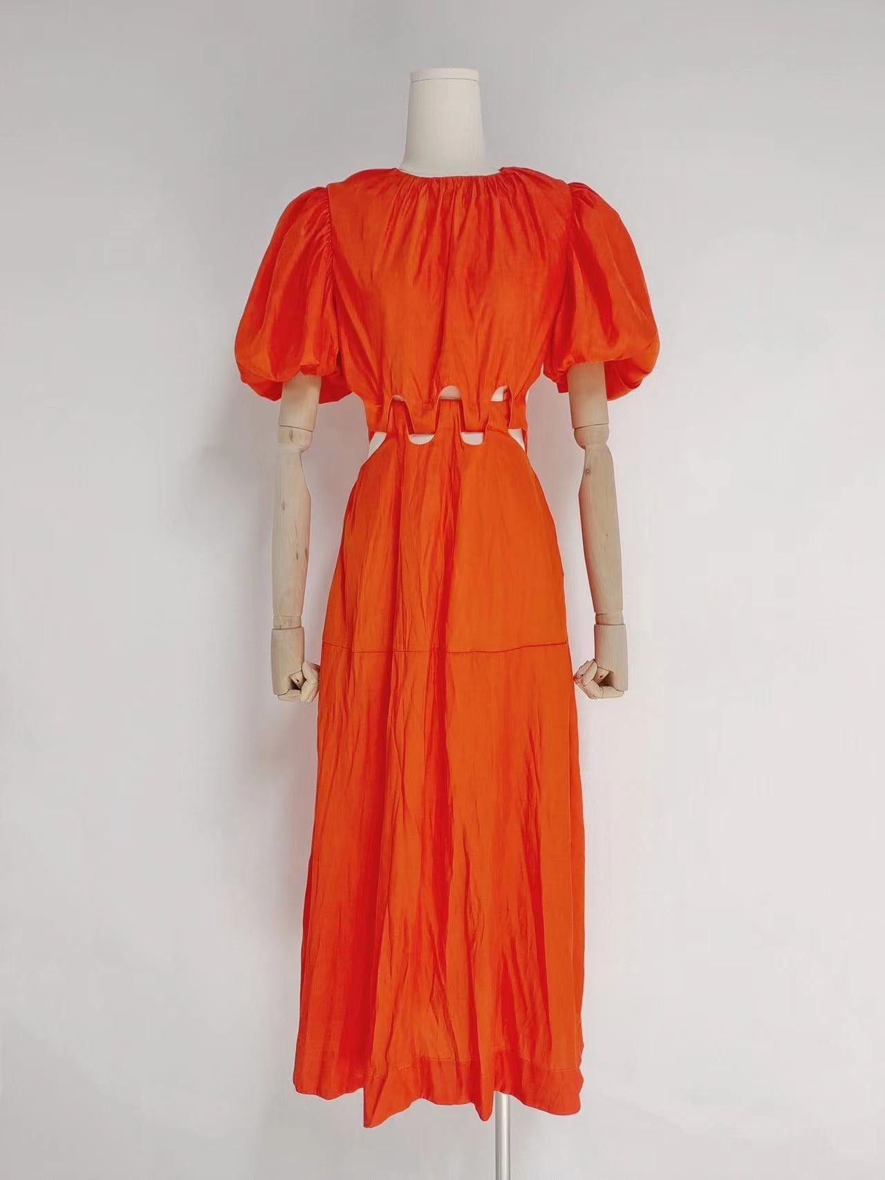 Autumn New Round-Neck Bubble Sleeve Belt To Collect Waist Hollow Long Dress Woman