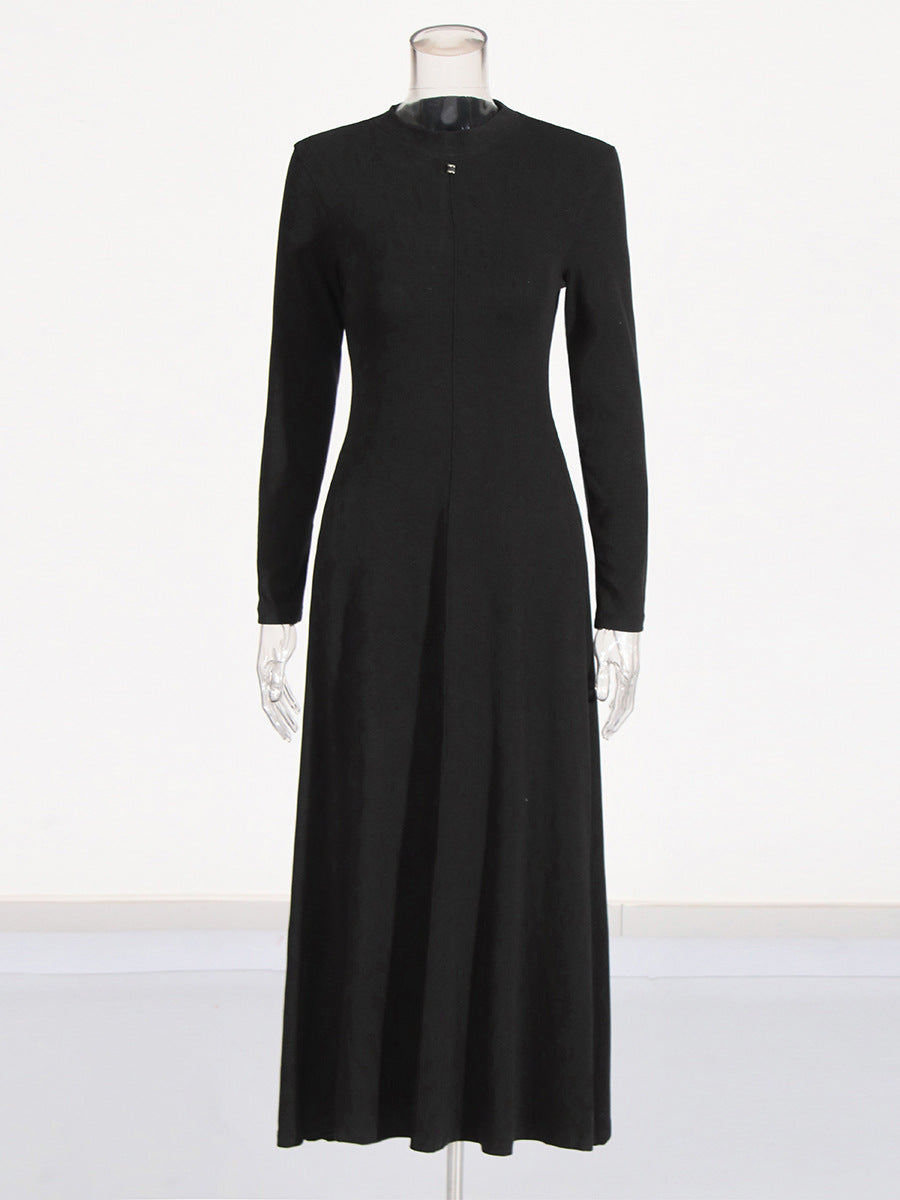 Famous Style Dress 2025 Summer New Round Collar Knitted Waist Solid Color Dress Woman