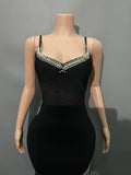 Hot Sling V-Neck Nail Drill Women's Dress High Open Chain Espootail Banded Evening Dress