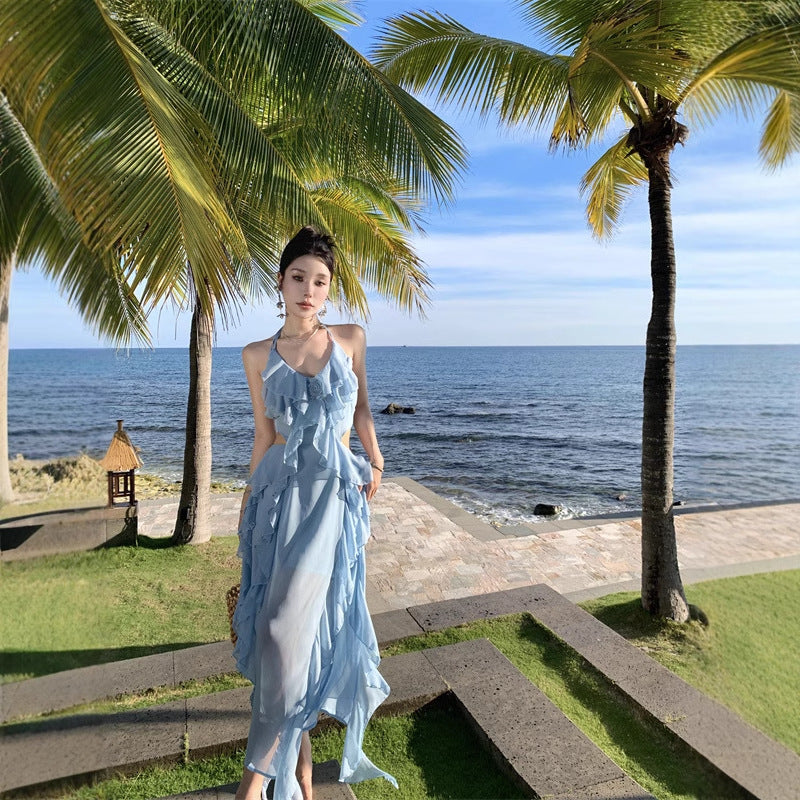 Holiday Wind Hanging Dress Female Summer Sexy Seaside Photo Irregularly Exposed Lotus Leaf Side Dress