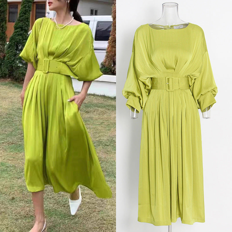 Fashion Elegant Hanging Dress 2025 Summer New Round Neck Sleeves Waist Design Smooth Dress Dress Woman