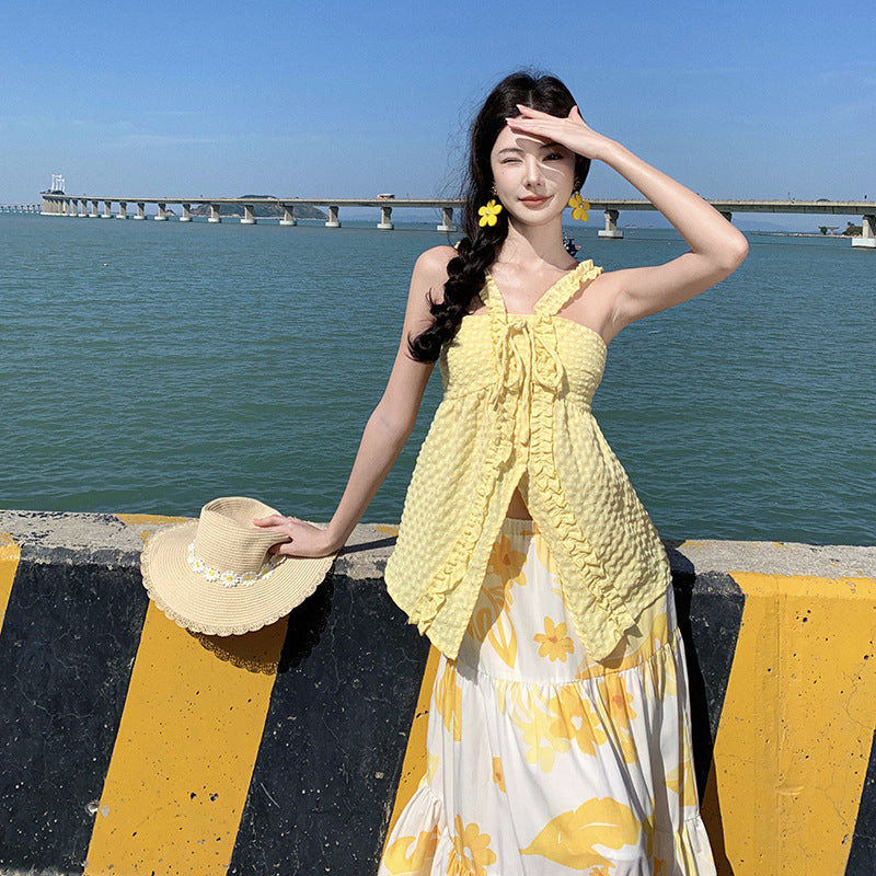 Style Beach Skirt Casual Temperament Hanging Neck Top Two Sets + Print Long Skirt Set