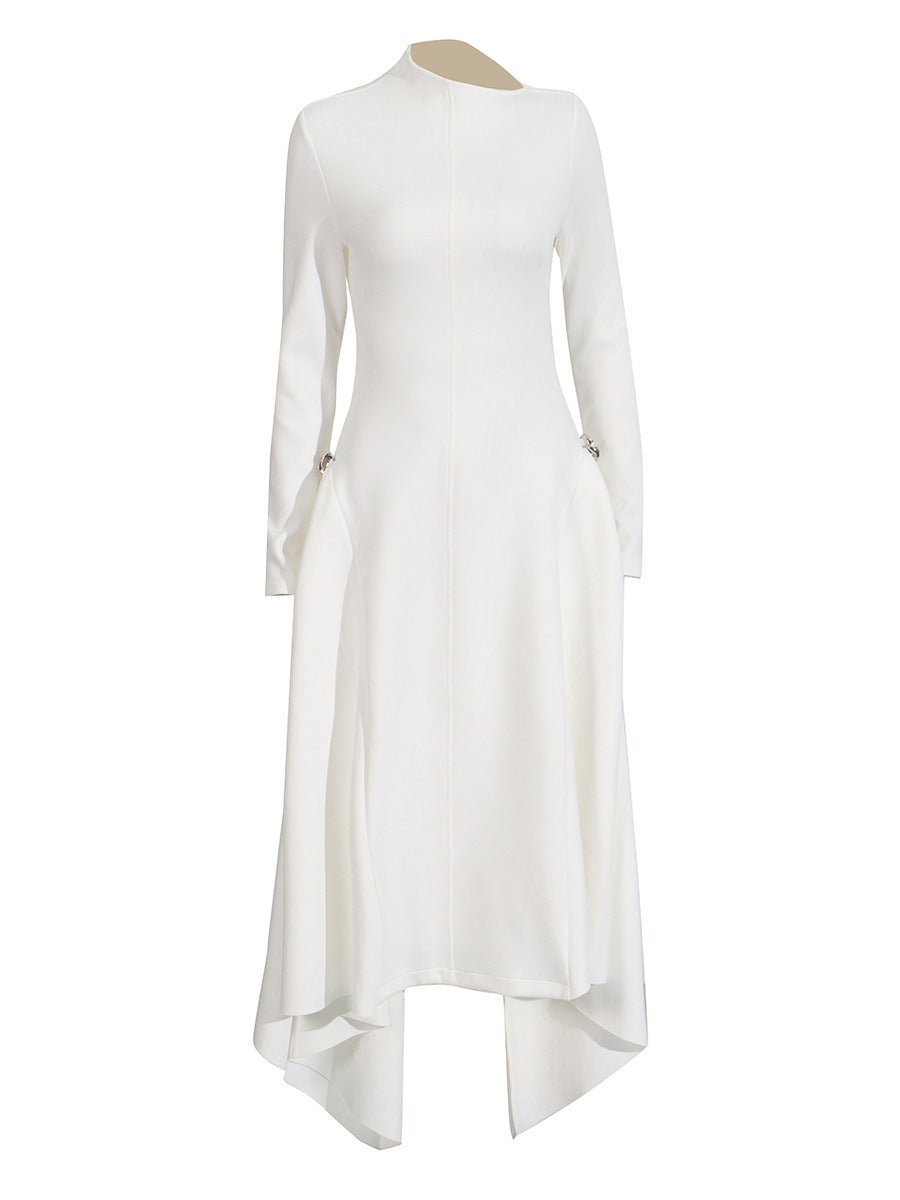 Asian Temperament Elegant Wind Collar Long Sleeve Irregular Dress 2025 New Solid Broad Ass Dress Women Summer