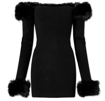 Zhiya With The Same Sexual Passion Shoulder Hair Collar Slim Thin Knit Long-Sleeved Ass Dress Woman