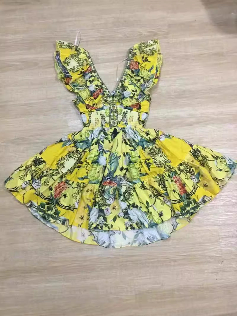 Lady Holiday Style Sexy V Collar Leaves With No Sleeves To Close The Waist Thin Yellow Print A-Shaped Dress Skirt