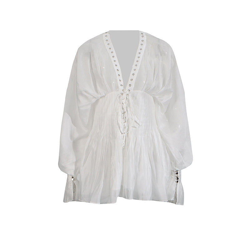 Niche Pure Lusty Fairy Dress 2025 Summer New Deep V Collar Lantern Sleeves Thin Tie Dress Dress Woman