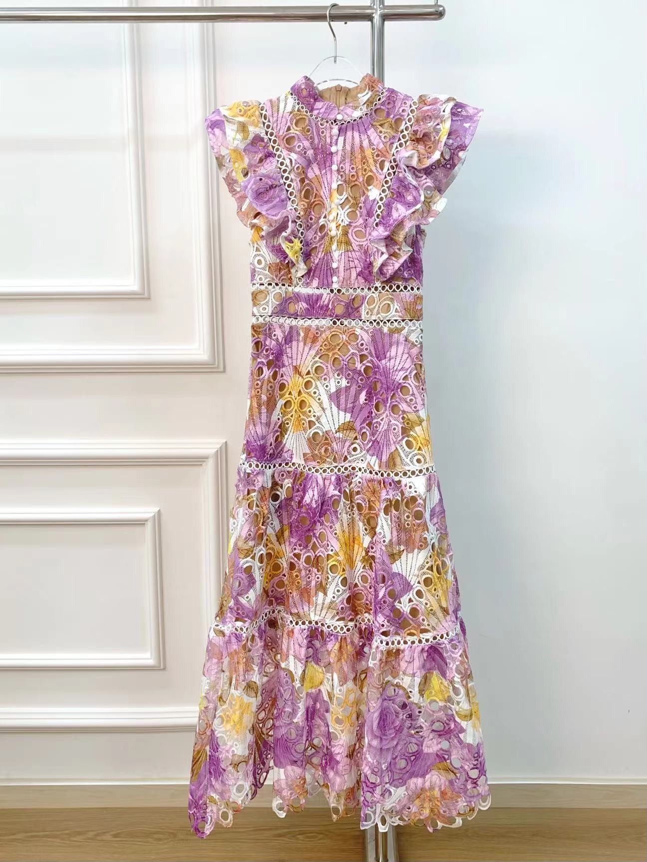 Leaf Leaf Lace Dress 2024 Summer And Autumn New Flying Sleeve Print Embroidery Sleeves Sleaf Slim Skinny Dress