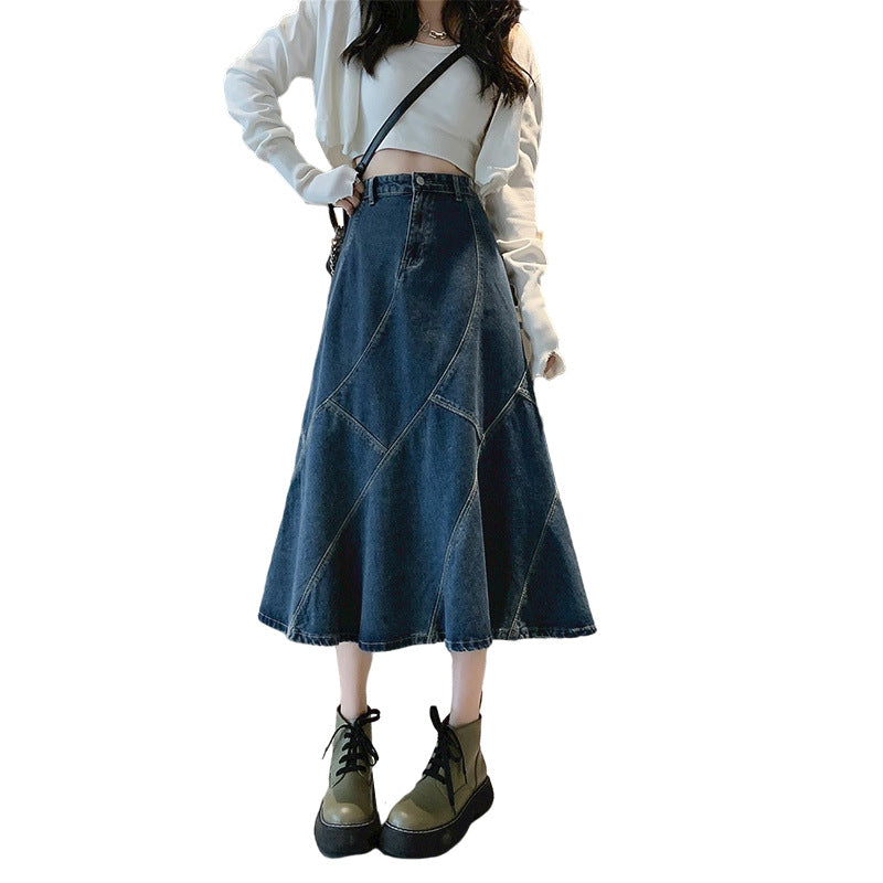 Broced # Spring And Summer Fishtail Skirt Design Sense A Word Loose Medium Long Skirt High-Waisted Denim Skirt Thin Cover Across The Skirt Girl DJPT