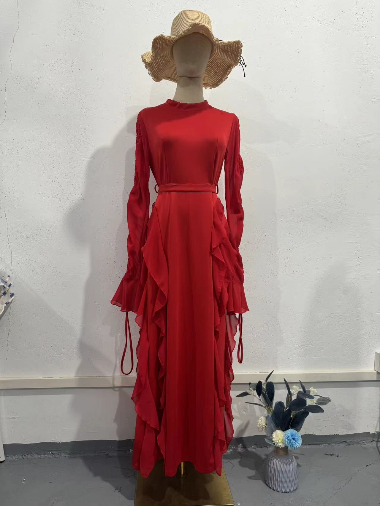 2025 New Lotus Leaf Side Splicing Court Chiffon Temperament Semi-High Collar Dress