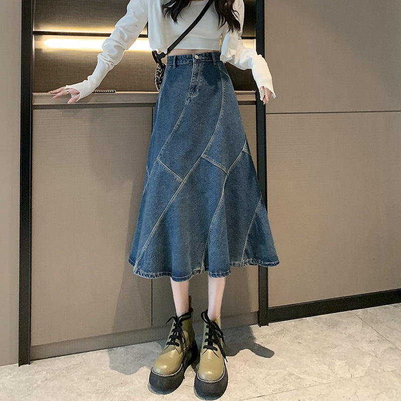 Broced # Spring And Summer Fishtail Skirt Design Sense A Word Loose Medium Long Skirt High-Waisted Denim Skirt Thin Cover Across The Skirt Girl DJPT